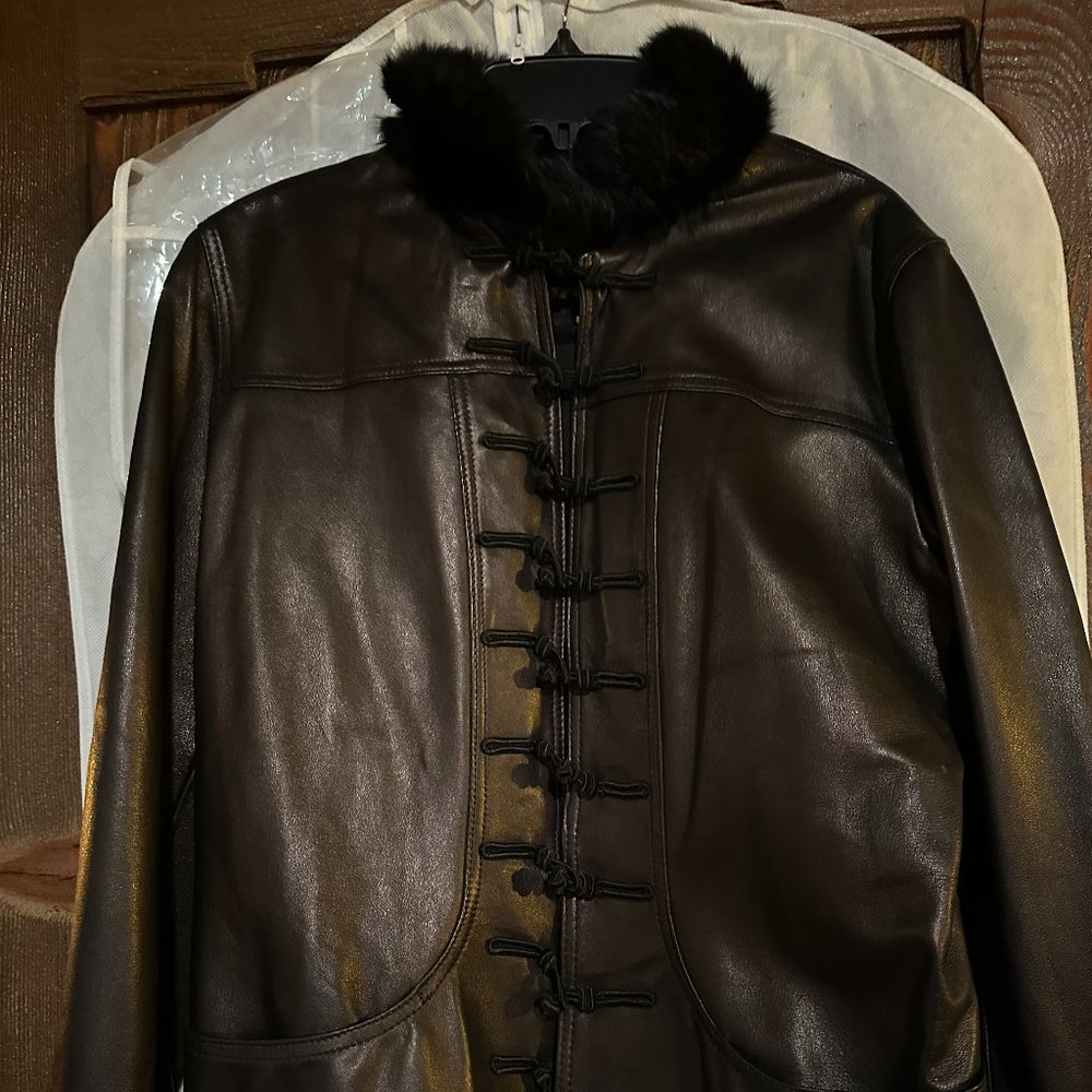 Women's Black Leather jacket with fur collar